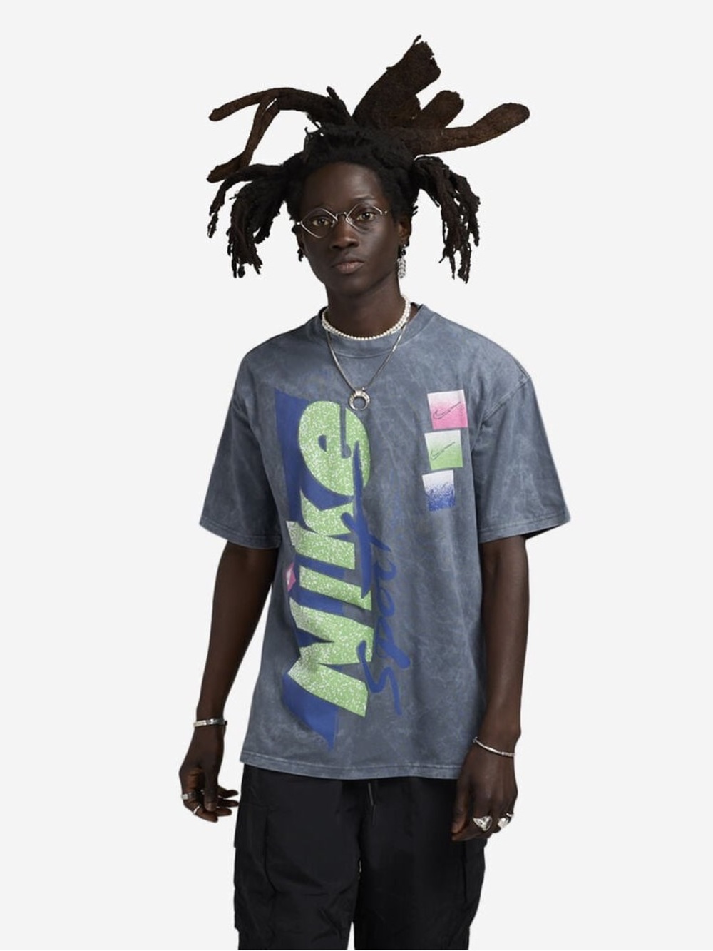 Nike Men’s Washed Slate Blue Graphic Tee with Neon Accents